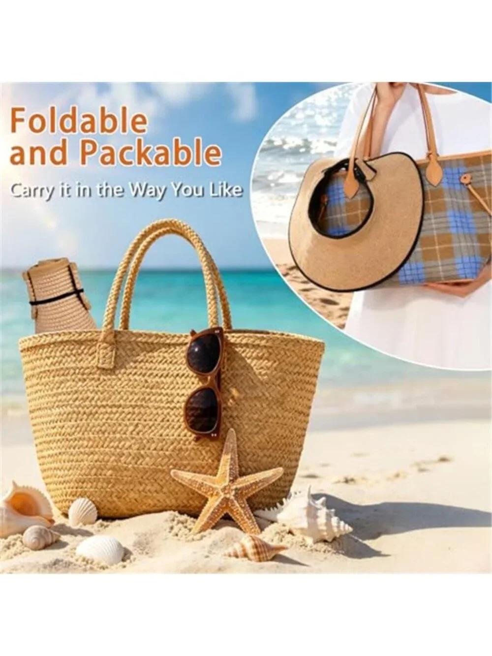 Sun Hats Visor for Women UV UPF Straw Beach Hat Foldable Wide Brim Ponytail